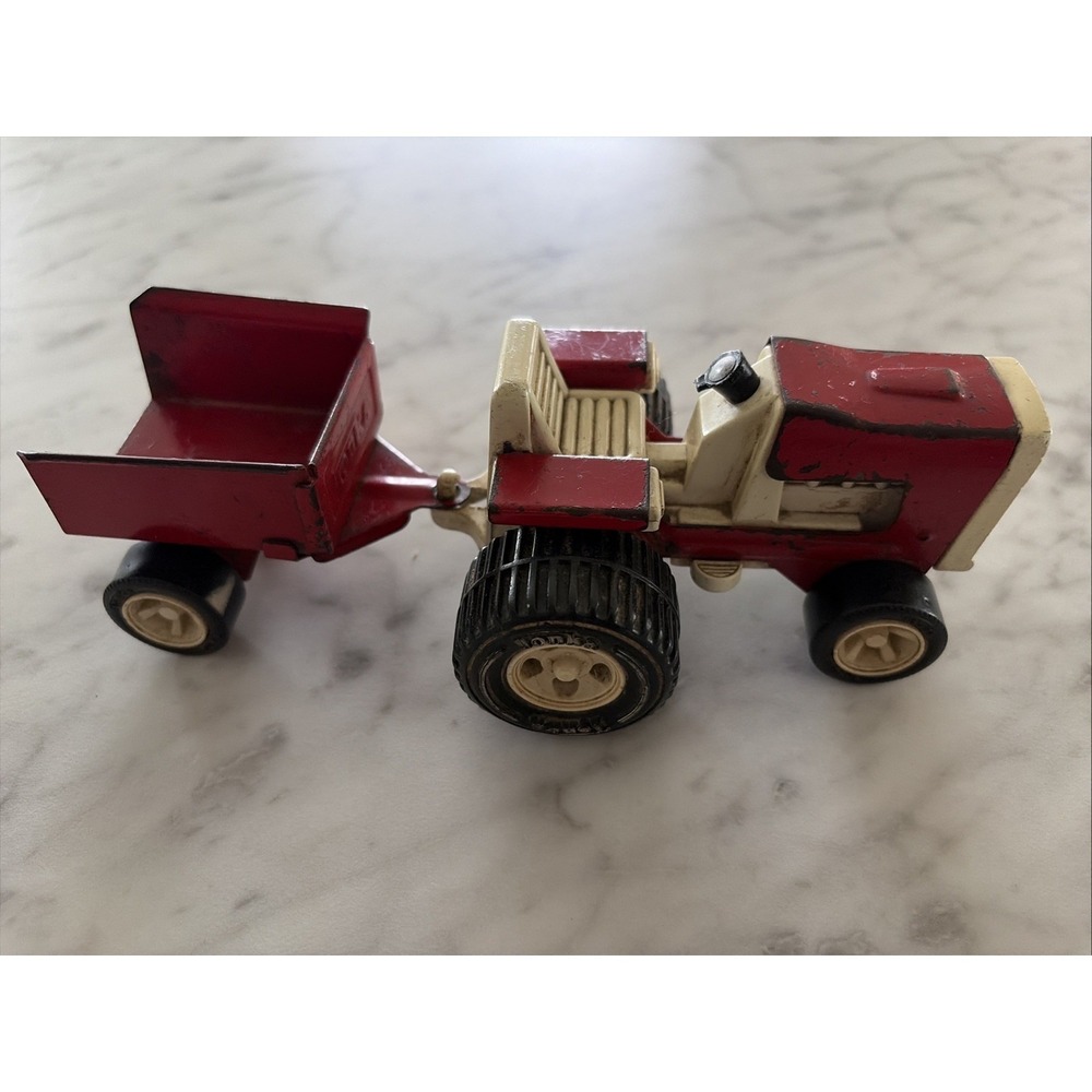 Vintage 70s Tonka Tiny Red Tractor & Cart Wagon Pressed Steel Metal Farm Toy